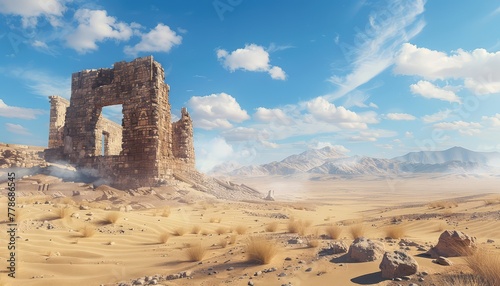 Desert Ruins, Ancient ruins or abandoned settlements in the desert, hinting at the civilizations that once thrived in these harsh environments photo