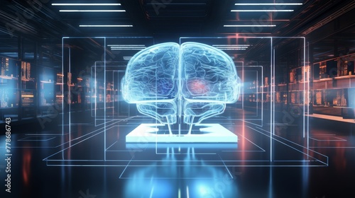Glowing brain hologram in futuristic data center symbolizing