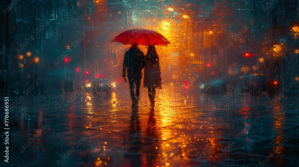 two people walking under an umbrella in the rain on a city street at night with street lights in the background.