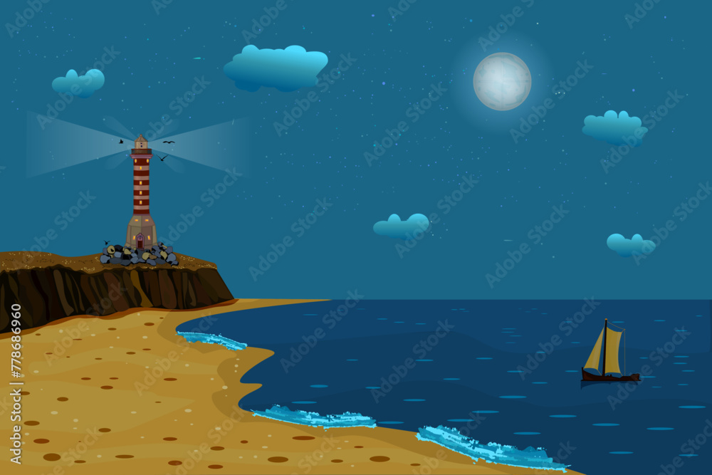 Sea, lighthouse and sailboat. Landscape with beacon on cliff at night ...