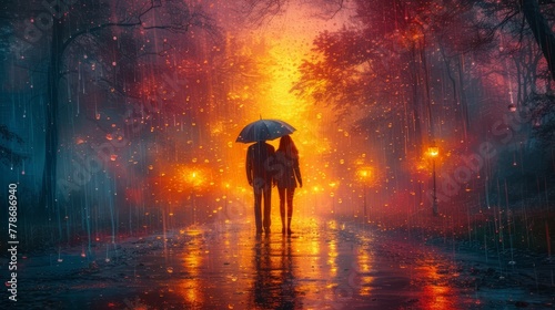 a painting of two people walking in the rain with an umbrella in the foreground and a street light in the background. © Mikus