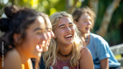 Several animated college students gather on a worn wooden bench nestled within the heart of a lively park, their animated banter and laughter reverberating against the backdrop of chirping birds  photo