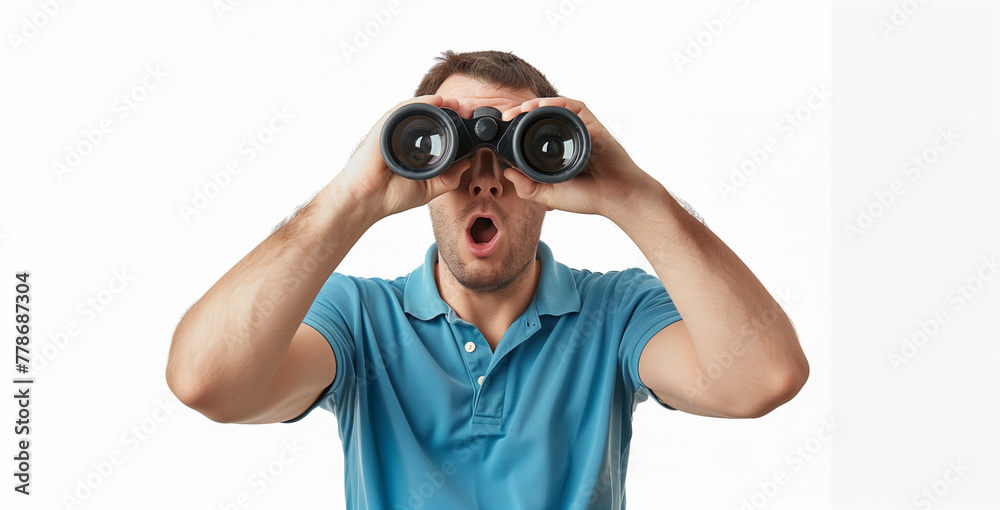 man looking through huge binoculars, seraching for sales, discounts