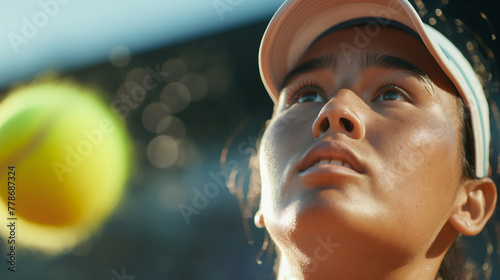 
A close-up shot of a tennis player in a championship game, their eyes fixed on the ball as they execute a powerful serve or return
