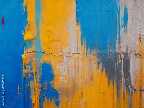 Messy blue yellow paint strokes and smudges on an old painted wall background