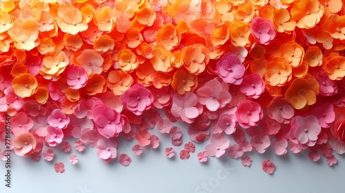 a close up of a bunch of flowers on a wall with pink, orange, and yellow petals on it.