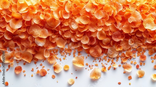 a pile of orange chips sitting on top of a white counter top next to a pile of orange chips on top of a white counter top.