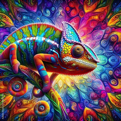 Colourful Chameleon at kaleidoscope pattern background , Mesmerizing View , high resolution, nature, ecology, 3d rendering © Aanjaneya S