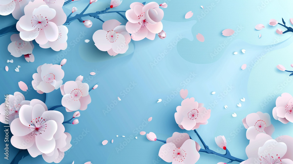 Floral background decorated with blooming cherry blossom branches, bright blue background for spring season design.