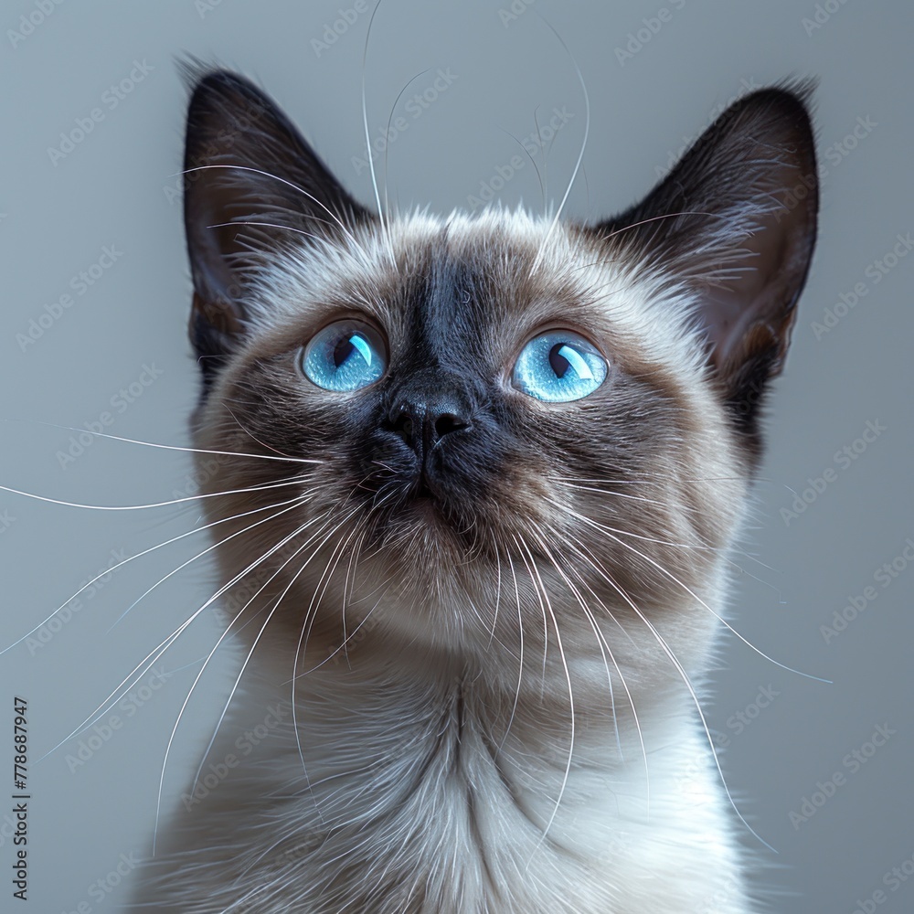 Burmese cat portrait on gray background 
