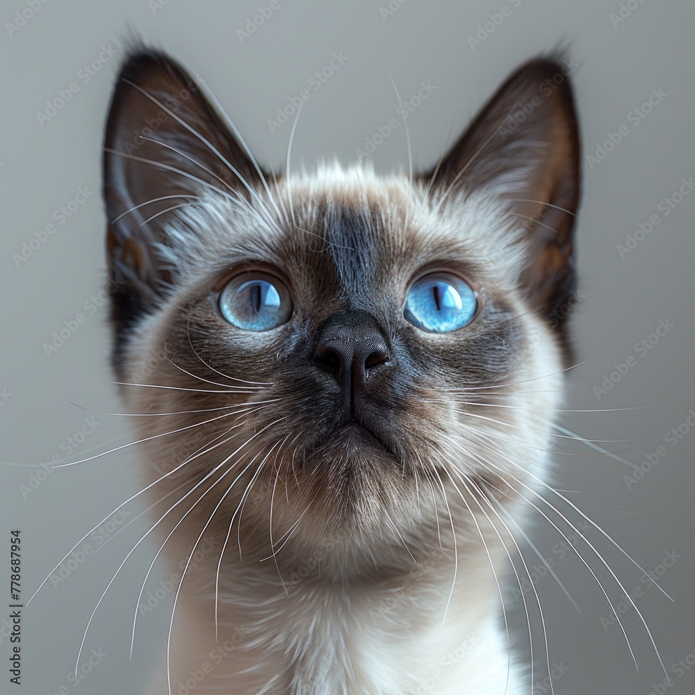 Burmese cat portrait on gray background 
