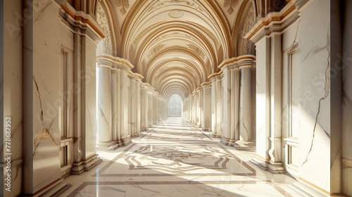 Baroque palace entry, grand vaulted archway, marble pathway, midday, soft shadows, low angle