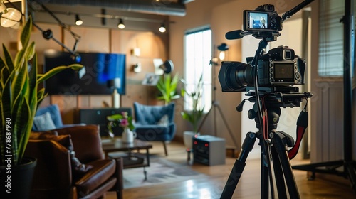 Elegant office interview setup for video production, highend camera on tripod, ambient light, wide shot