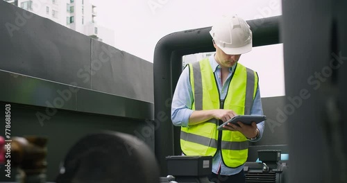 A Engineer man looking inspecting maintenance insulated pipelines valve pump control on the roof at an industrial site. He is wearing a hard hat and safety vest
