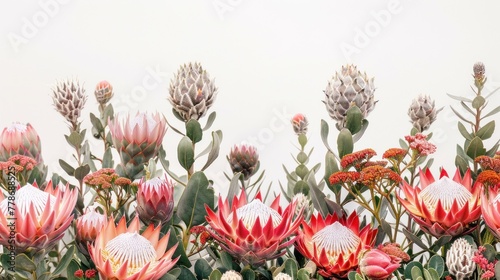Serene landscape with colorful protea flowers against a pristine white background