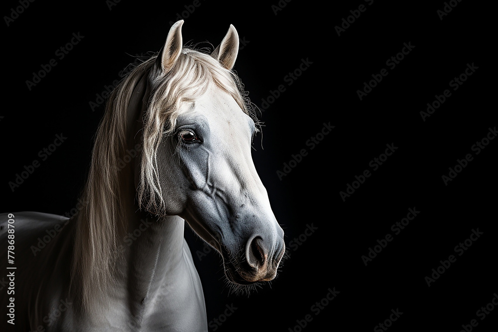 Stunning white horse standing against bold black background, elegant equine photography