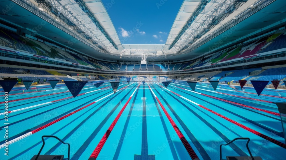 Empty Olympic Swimming Pool with Blue Water - A professional standard ...