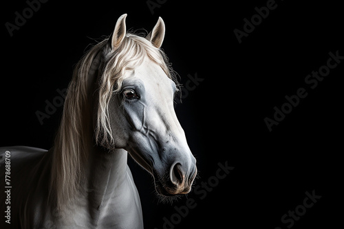Stunning white horse standing against bold black background  elegant equine photography