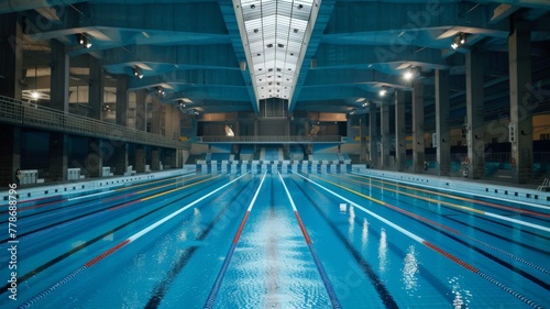Empty Indoor Olympic Pool with Moody Lighting - An Olympic-sized swimming pool lies empty, bathed in moody lighting with an expansive roof structure and awaiting the echo of competitors