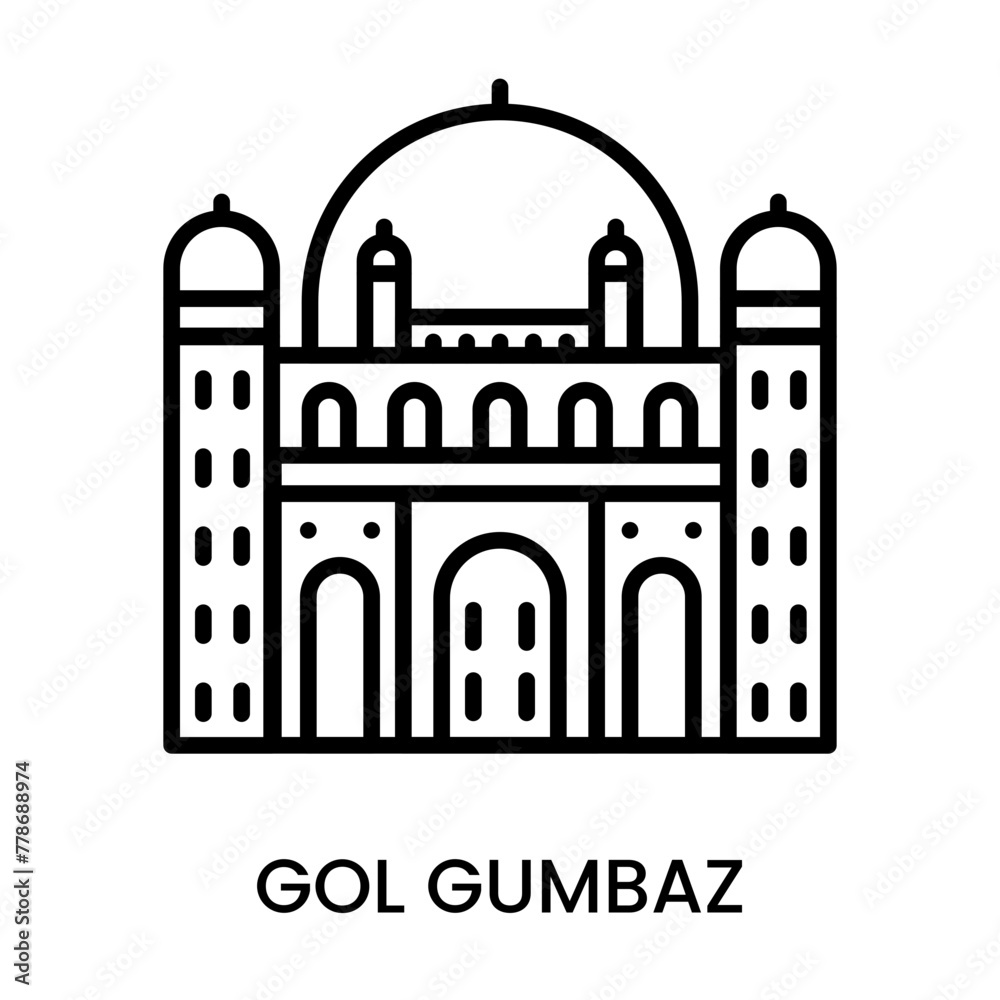 Gol Gumbaz, Karnataka, India. minimalist line art icon, historical landmark for web, mobile apps and UI.