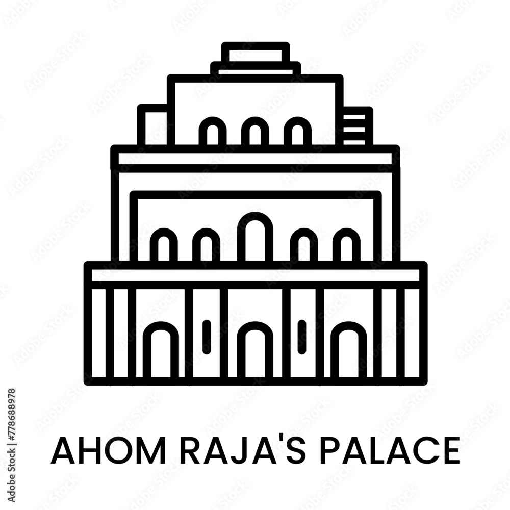 Ahom Palace, Assam, India. minimalist line art icon, historical landmark for web, mobile apps and UI.
