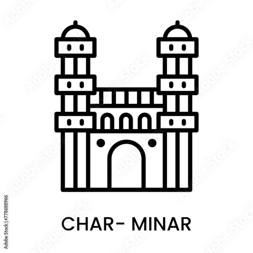 Char Minar, Hyderabad, Telangana, India. minimalist line art icon, historical landmark for web, mobile apps and UI.