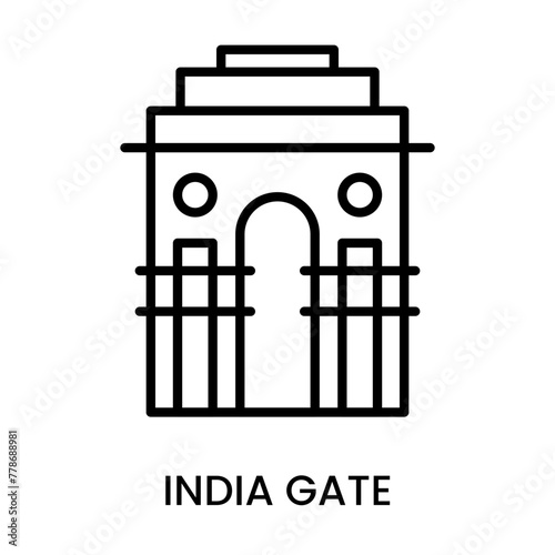 India Gate, Delhi, India. minimalist line art icon, historical landmark for web, mobile apps and UI.