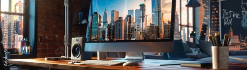 Editorial photography capturing an artistically arranged desktop setup in a workspace, featuring a panoramic cityscape as wallpaper, magazine style