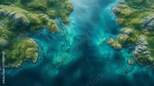 an aerial view of a body of water surrounded by lush green hills and a small island in the middle of the ocean.