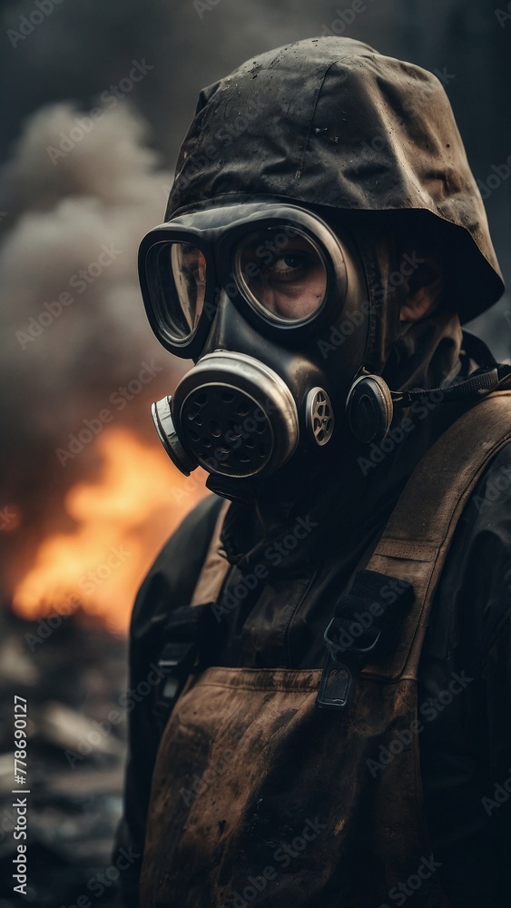 People in protective suits and gas masks against a backdrop of destroyed infrastructure People in protective suits and gas masks against a backdrop of destroyed infrastructure