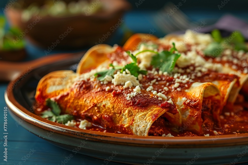 An enchilada plate smothered in red sauce and topped with crumbled cheese An enchilada plate smothered in red sauce and topped with crumbled cheese