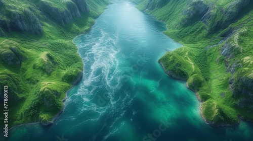 an aerial view of a body of water surrounded by green hills and a river running through the center of the picture.