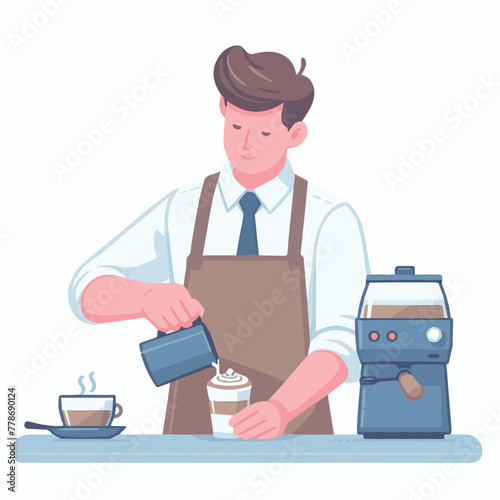 A male barista wearing an apron is mixing a cup of coffee and a coffee maker beside him, vector.