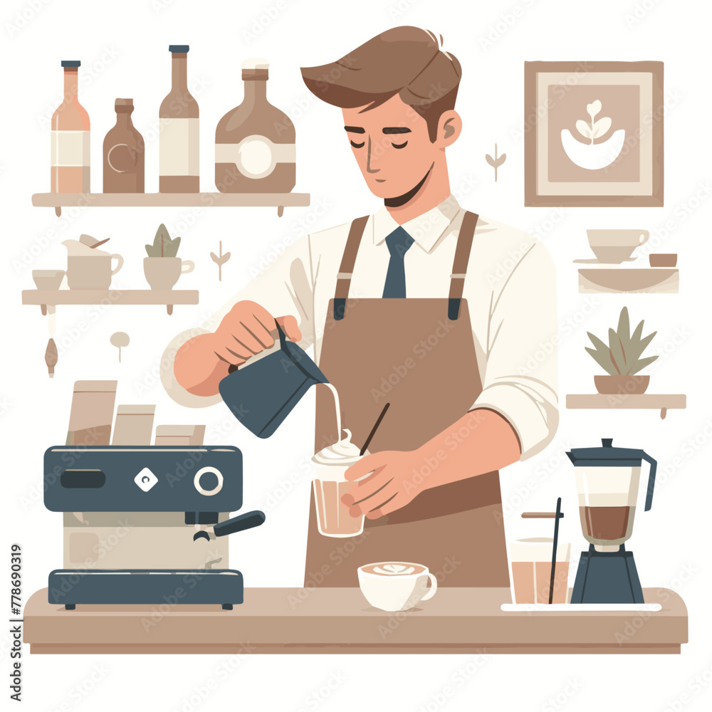 A male barista wearing an apron is mixing a cup of coffee and a coffee maker beside him, vector. A male barista wearing an apron is mixing a cup of coffee and a coffee maker beside him, vector.