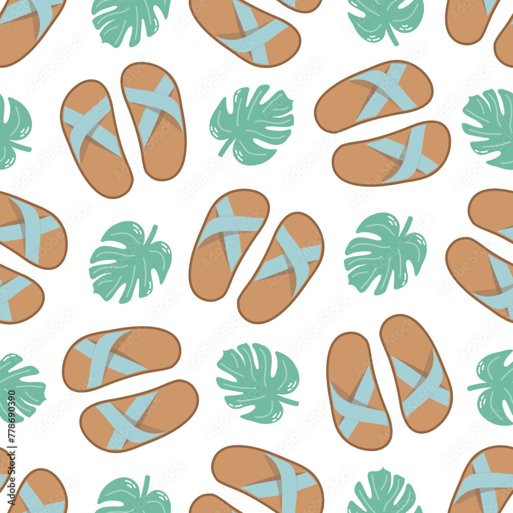 Fototapeta premium Cute hand drawn flip flops and plant leaf seamless pattern. Flat vector illustration. Doodle drawing.