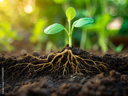 a seedling breaking through the soil surface, with side view showing the cross-section of the earth photo