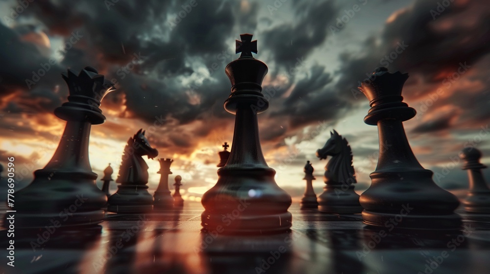 Chess queen leading a charge, low angle, dramatic sunset light, high contrast Chess queen leading a charge, low angle, dramatic sunset light, high contrast