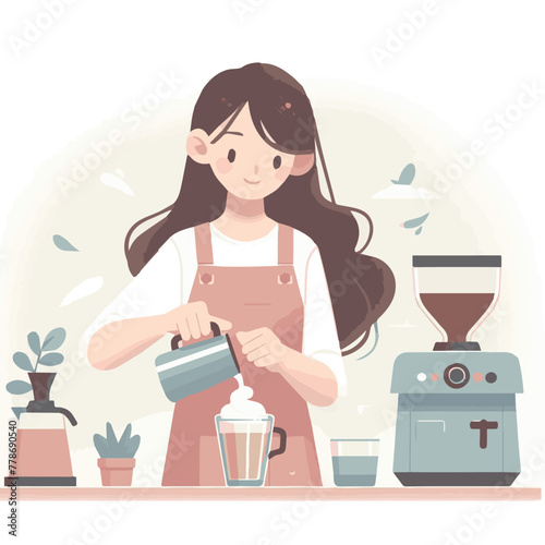 A female barista wearing an apron is mixing a cup of coffee and a coffee maker beside her.