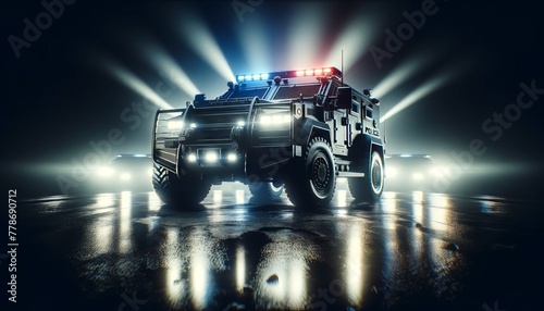 Armored police vehicle with dazzling lights in a dramatic nighttime setting, symbol of law enforcement