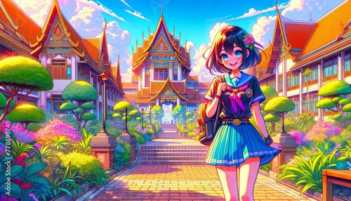 Vibrant anime schoolgirl in front of traditional architecture, cheerful and optimistic vibe