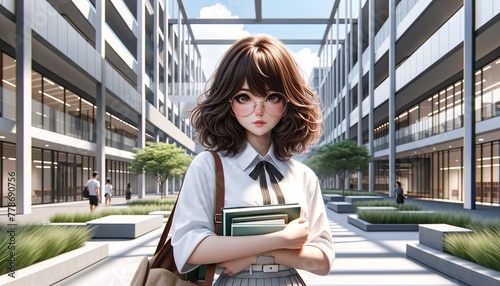 Pensive anime student with a subtle smile, standing in a serene university courtyard, peaceful setting