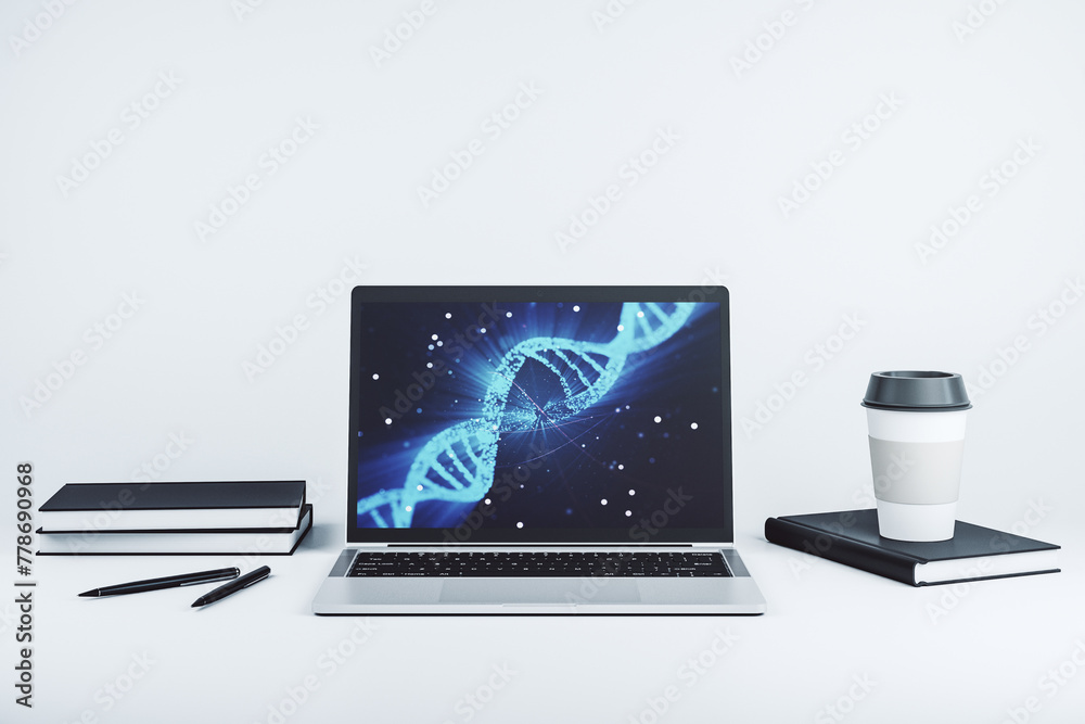 Creative light DNA illustration on modern computer monitor, science and biology concept. 3D Rendering - obrazy, fototapety, plakaty 