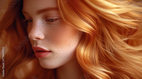 a close up of a woman s face with frecks of frecks on her red hair.