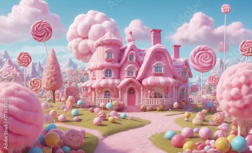 Candy fluffy land with a house in the center, with cotton candy, lollypops, pink weather, realistic, detailed , detailed © rodrigo