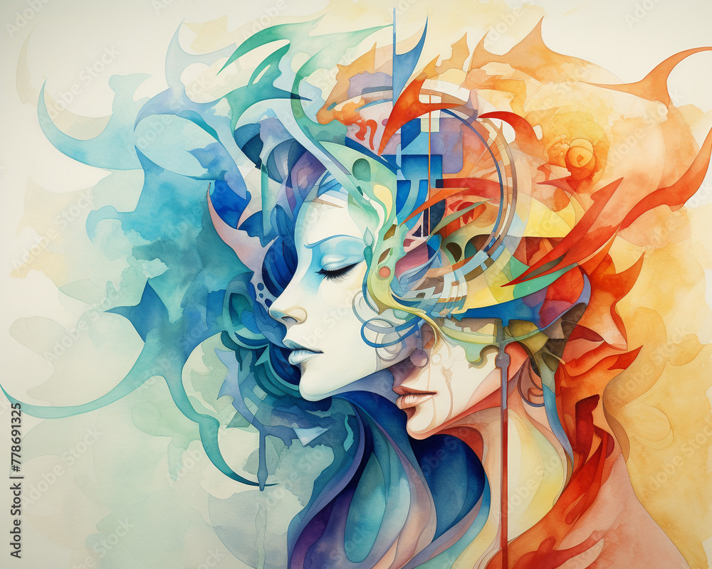 Bipolar concept in watercolor, signals rendered in contrasting washes, vibrant clarity, smooth texture,3d style
