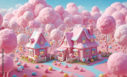 Candy fluffy land with a house in the center, with cotton candy, lollypops, pink weather, realistic, detailed , detailed