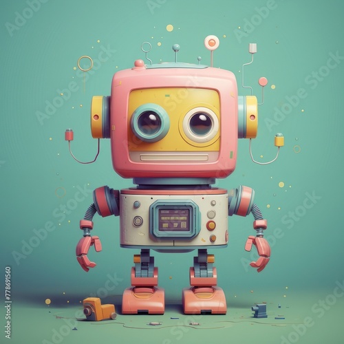 a pink and yellow robot with big eyes