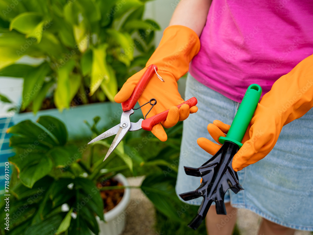 Naklejka premium A young woman takes care of the garden, waters, fertilizes and prunes plants