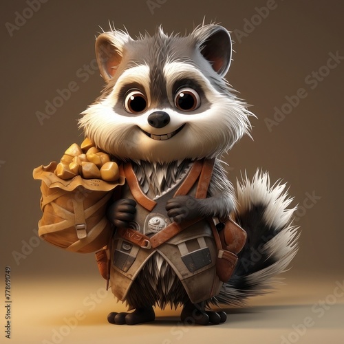 a racoon holding a bag of gold coins