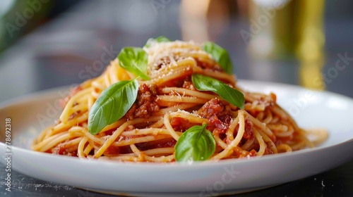 Italian pasta on plate with basil leaves.